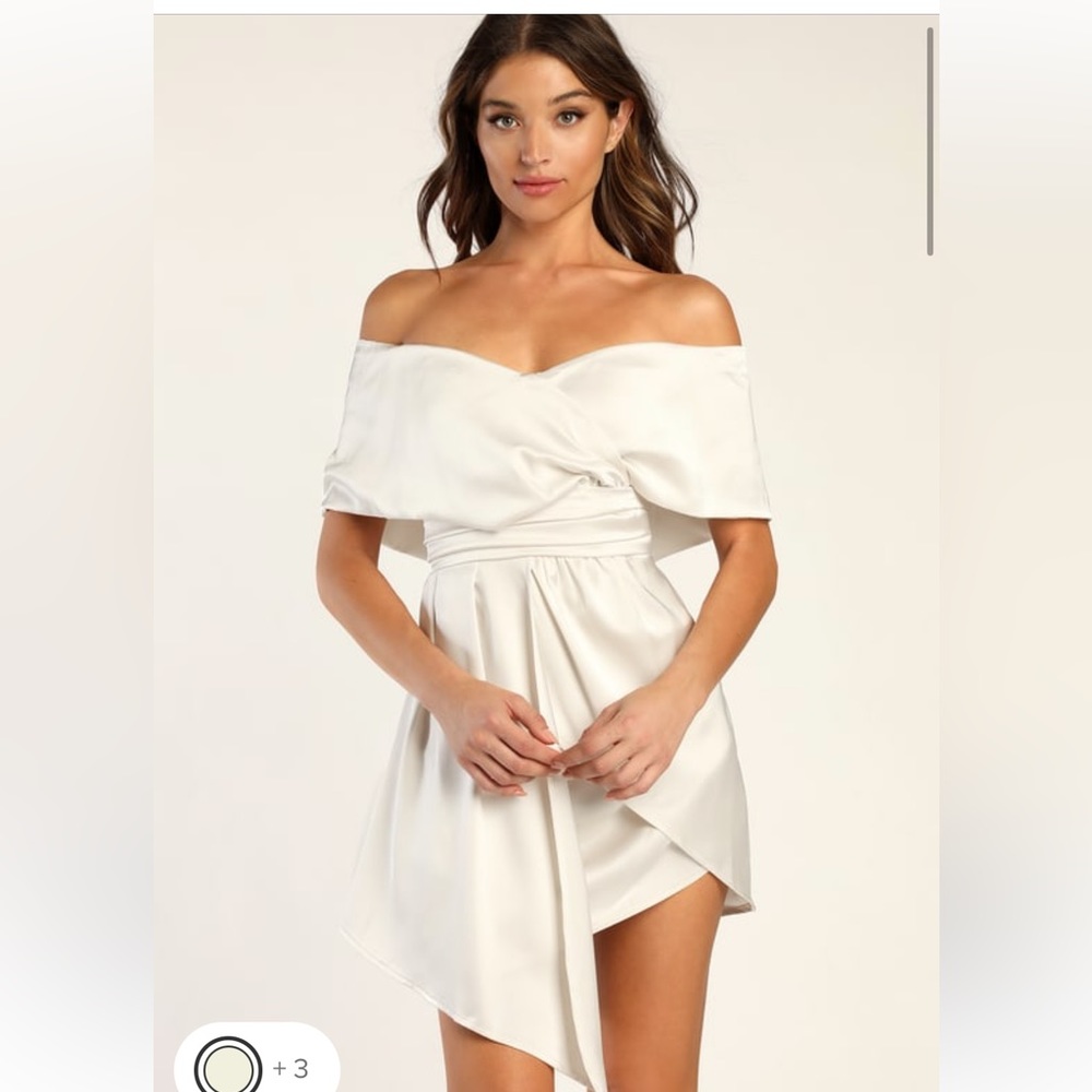 Lulus Always Celebrating Ivory Satin off the shoulder mini dress